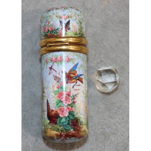 738 - S Morden & Co. enamelled cylindrical scent bottle with multi-coloured bird's nest inset floral and g... 