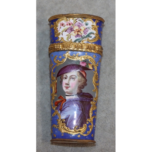 741 - An 18th Century Bilston enamelled and gilt metal etui depicting should length portrait, floral, leaf... 