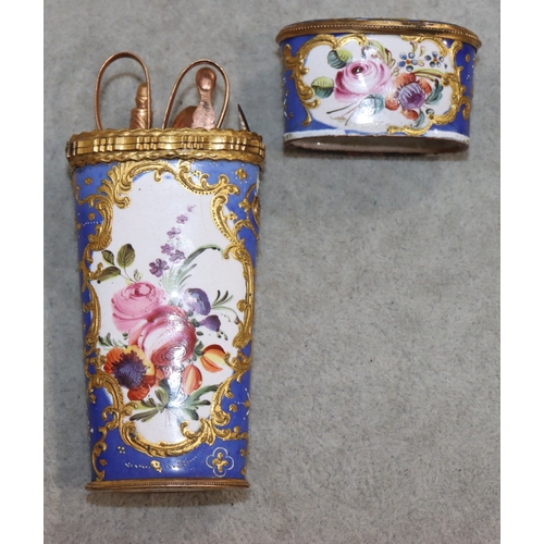 741 - An 18th Century Bilston enamelled and gilt metal etui depicting should length portrait, floral, leaf... 