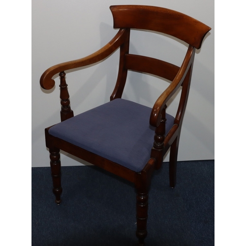 929 - A 19th Century mahogany carving chair with bar back, blue drop-in seat, on round turned legs