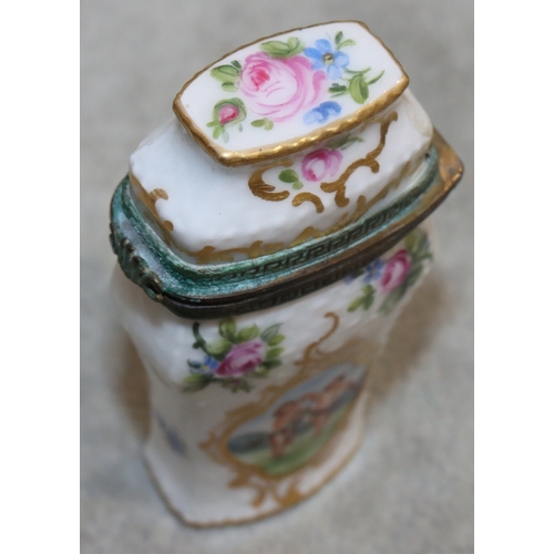 93 - A Continental porcelain rectangular shaped box with hinged lid on white ground with cupid, multi-col... 