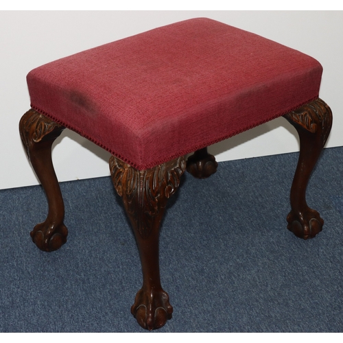 930 - A mahogany rectangular shaped dressing table stool with red overstuffed seat, on cabriole legs with ... 