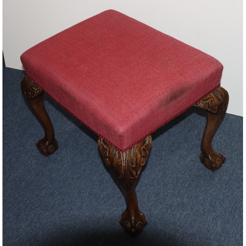 930 - A mahogany rectangular shaped dressing table stool with red overstuffed seat, on cabriole legs with ... 