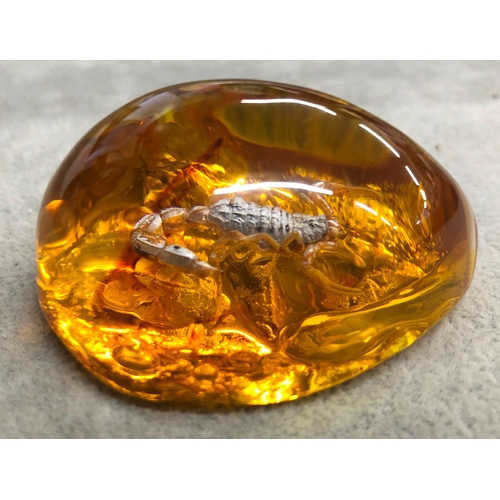 3340 - An amber resin nugget with a scorpion inside, 6cm long.