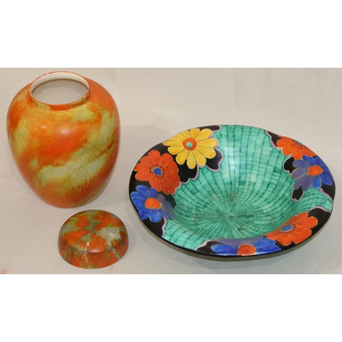 33 - A Crown Devon Art Deco round trumpet shaped shallow fruit bowl on green ground with multi-coloured f... 