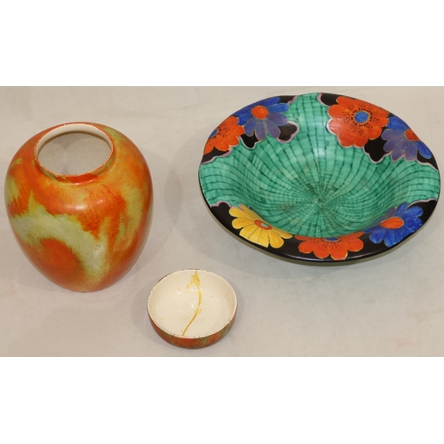 33 - A Crown Devon Art Deco round trumpet shaped shallow fruit bowl on green ground with multi-coloured f... 