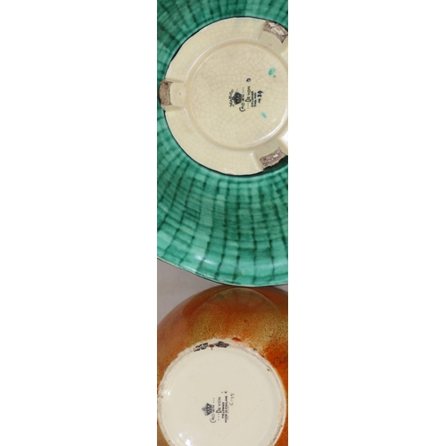 33 - A Crown Devon Art Deco round trumpet shaped shallow fruit bowl on green ground with multi-coloured f... 