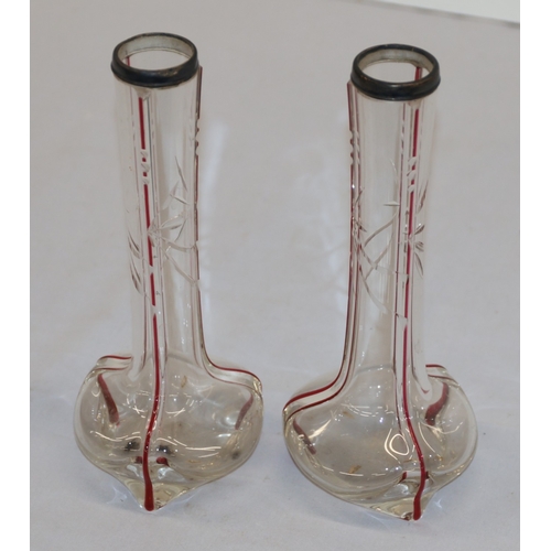 4 - A pair of round bulbous white and red glass spill vases with silver necks, 30.5cm high