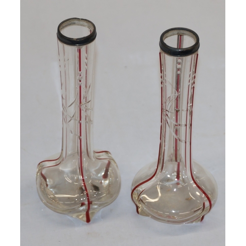 4 - A pair of round bulbous white and red glass spill vases with silver necks, 30.5cm high