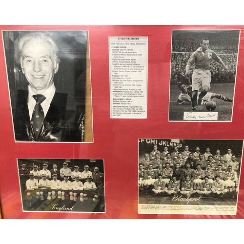 6015 - A black and white signed photograph of Stanley Matthews and various newspaper cuttings in wood frame... 