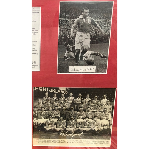 6015 - A black and white signed photograph of Stanley Matthews and various newspaper cuttings in wood frame... 