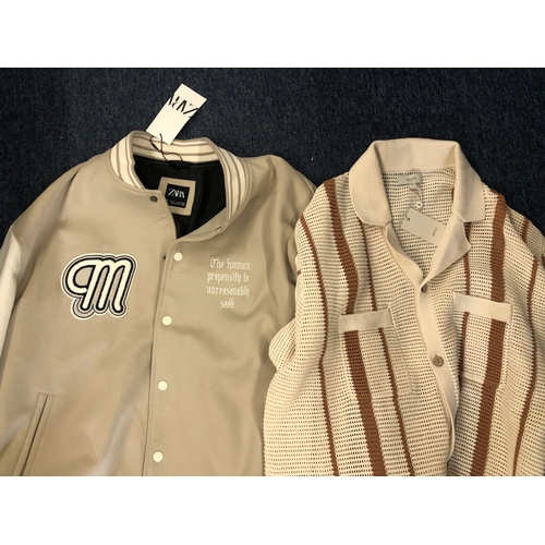 6017 - Zara Varsity Jacket Men's Embroidered Snap Front Bomber jacket, size L and a Moss cotton men's short... 