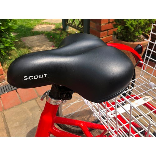 6031 - THIS ITEM IS NOT HELD BY PFW. A red SCOUT Adult Folding Tricycle with Basket (1 side of basket missi... 