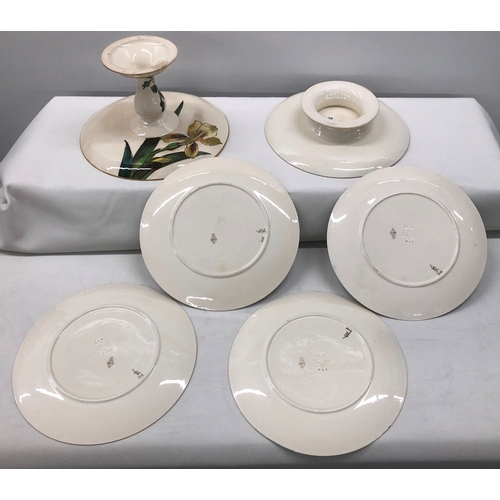 6021 - A set of Doulton Burselm floral patterned plates with gilt detail and 2 cake stands.