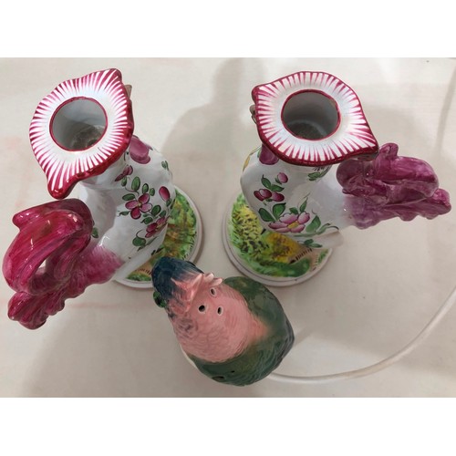 6039 - A pair of reproduction Majolica candlesticks in the form of cockerels, 23cm high and cockatoo lamp, ... 