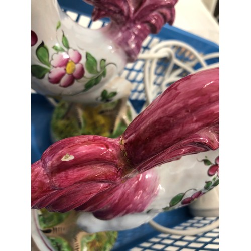 6039 - A pair of reproduction Majolica candlesticks in the form of cockerels, 23cm high and cockatoo lamp, ... 