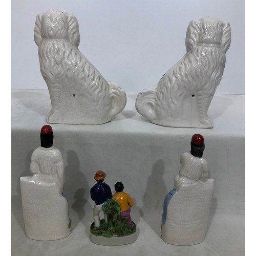 6041 - A pair of reproduction Staffordshire dogs, 29cm high (some cracks to back of heads, a pair of cricke... 