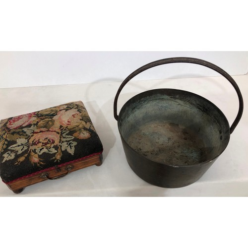 6043 - A heavy brass pan, 31.5cm diameter, 35cm high overall, a warming footstool with tapestry top and met... 