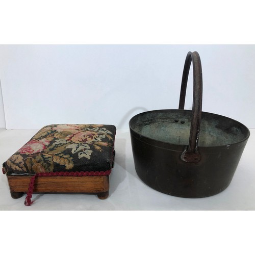 6043 - A heavy brass pan, 31.5cm diameter, 35cm high overall, a warming footstool with tapestry top and met... 