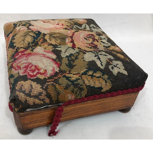 6043 - A heavy brass pan, 31.5cm diameter, 35cm high overall, a warming footstool with tapestry top and met... 