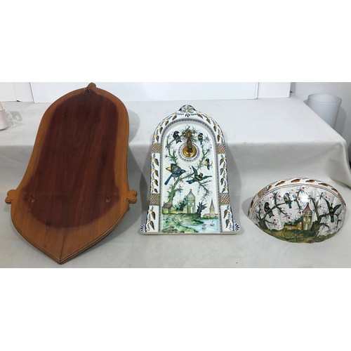 6047 - A wall mounted Portuguese hand painted ornate tap and sink on wood back, 83.5cm long. 41cm wide.