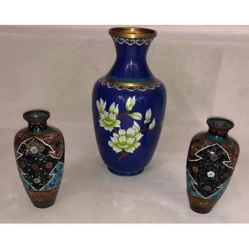 6055 - A Cloisonne vase, 26cm high and a pair of Cloisonne vases, 16cm high (both dented and damaged).