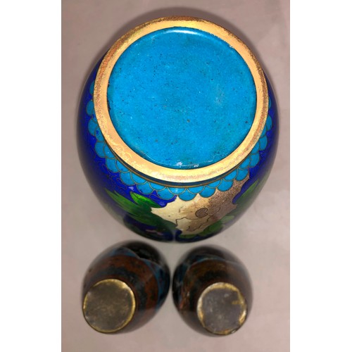 6055 - A Cloisonne vase, 26cm high and a pair of Cloisonne vases, 16cm high (both dented and damaged).