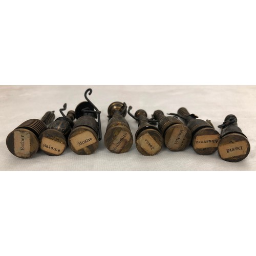 6058 - A collection of 8 Israeli miniature patinated brass biblical figurines each marked with label to bas... 