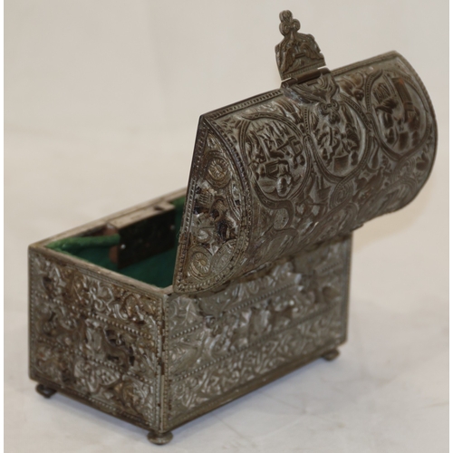 618 - A metal dome topped trinket box casket, hinged lid with allover raised figure, bird, animal and scro... 