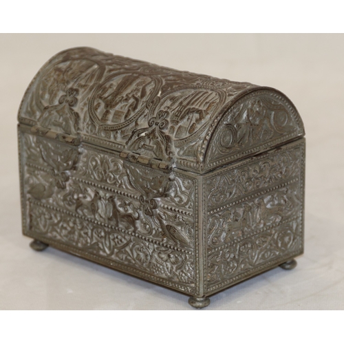 618 - A metal dome topped trinket box casket, hinged lid with allover raised figure, bird, animal and scro... 