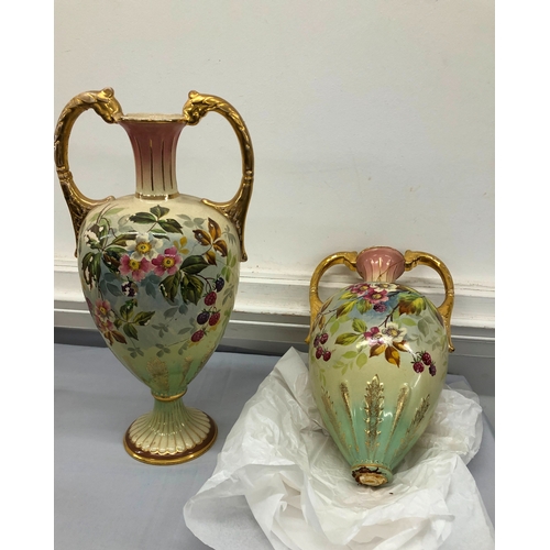 6161 - A pair of 2-handled lidded vases, 40cm high (both a/f)