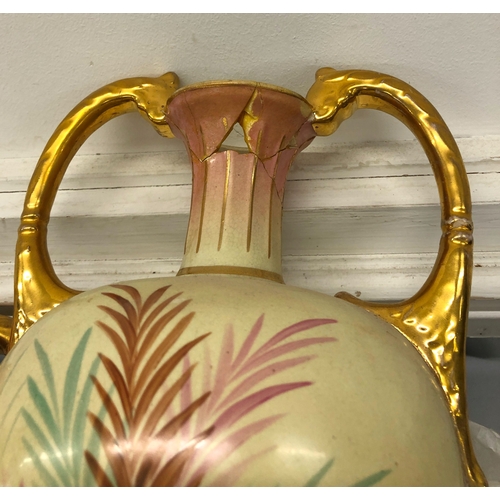 6161 - A pair of 2-handled lidded vases, 40cm high (both a/f)