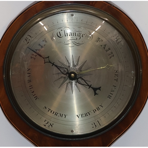 684 - Breese, Wisbeach 19th Century mahogany banjo barometer and thermometer with silvered dials and inlai... 