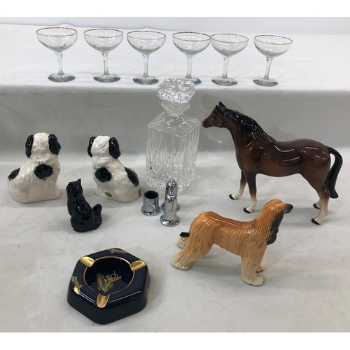 7029 - A set of 6 Babycham glasses, a cut glass decanter, 23 cm high, a pair of Beswick dogs, 14cm high, a ... 