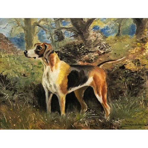 7033 - Silvia Wolstenhol oil on canvas of a dog, 34 x 44cm, in gilt frame and a Van Musschenbrock oil on bo... 