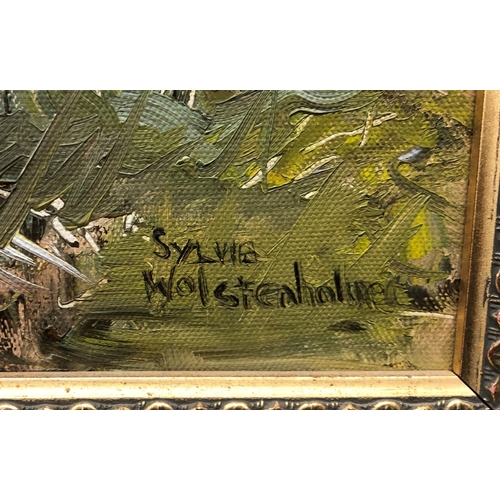 7033 - Silvia Wolstenhol oil on canvas of a dog, 34 x 44cm, in gilt frame and a Van Musschenbrock oil on bo... 