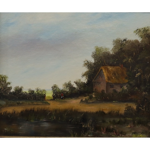 7049 - An oil on canvas, B.R Nobbs of a river bank and cottage, 24.5 x 29.5cm, in gilt frame.