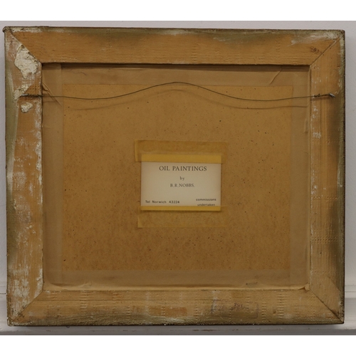 7049 - An oil on canvas, B.R Nobbs of a river bank and cottage, 24.5 x 29.5cm, in gilt frame.