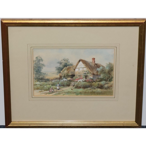 112 - E M Warren, watercolour, 13.5cm x 21.5cm, depicting children feeding chickens outside thatched cotta... 