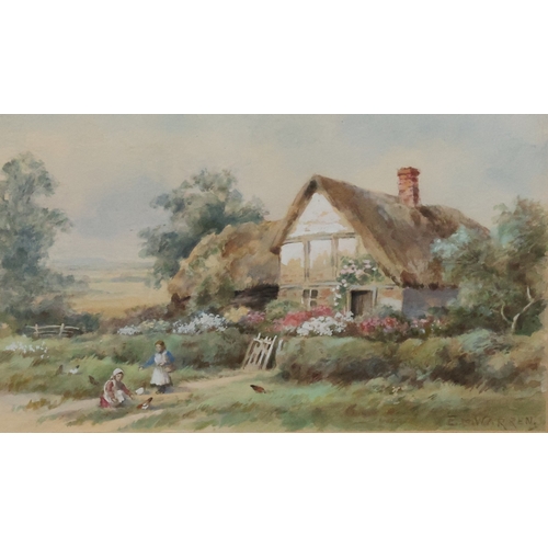 112 - E M Warren, watercolour, 13.5cm x 21.5cm, depicting children feeding chickens outside thatched cotta... 