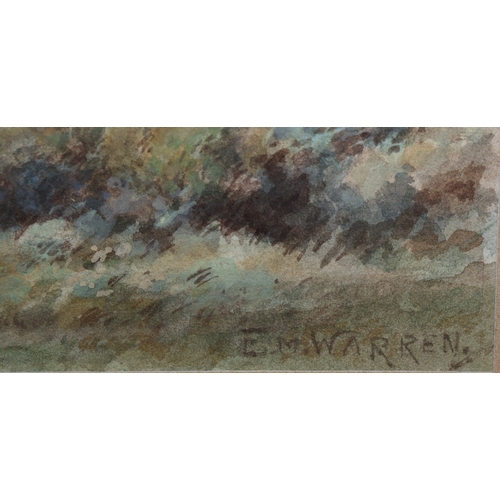 112 - E M Warren, watercolour, 13.5cm x 21.5cm, depicting children feeding chickens outside thatched cotta... 