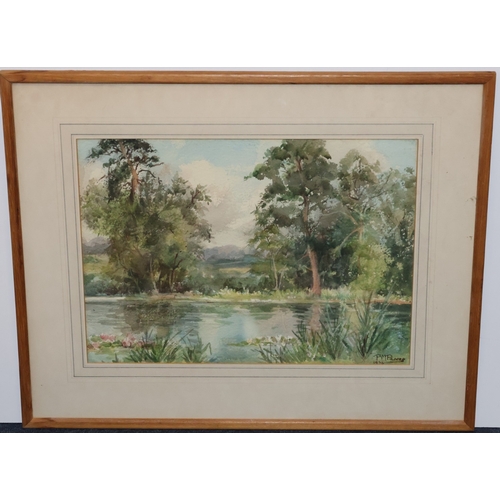 114 - PM Pearce, watercolour, 27cm x 37cm, depicting wooded river landscape, signed and dated 1974, in pin... 