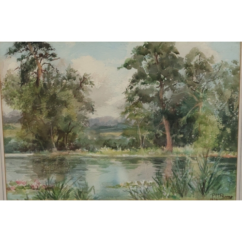 114 - PM Pearce, watercolour, 27cm x 37cm, depicting wooded river landscape, signed and dated 1974, in pin... 