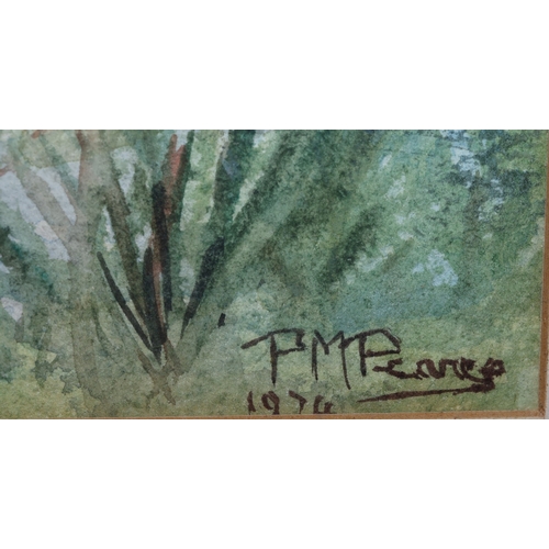 114 - PM Pearce, watercolour, 27cm x 37cm, depicting wooded river landscape, signed and dated 1974, in pin... 