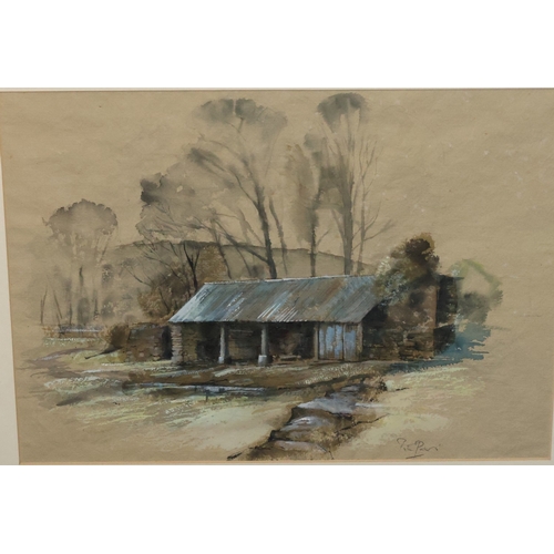 115 - Watercolour, 34.5cm x 47.5cm, depicting farmyard buildings, indistinctly signed, in part gilt frame
