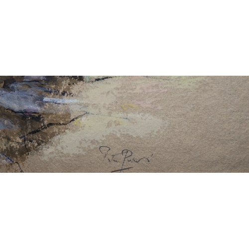 115 - Watercolour, 34.5cm x 47.5cm, depicting farmyard buildings, indistinctly signed, in part gilt frame