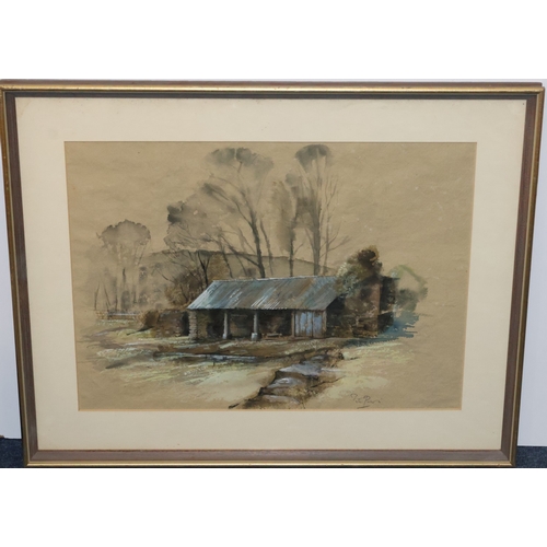115 - Watercolour, 34.5cm x 47.5cm, depicting farmyard buildings, indistinctly signed, in part gilt frame