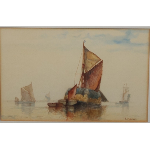 118 - Frederick James Aldridge (1850-1933), marine watercolour, 14cm x 21.5cm, depicting boats in calm sea... 