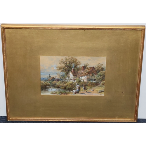 121 - Watercolour, 16cm x 23cm, depicting children playing next to pond outside cottage, indistinctly sign... 