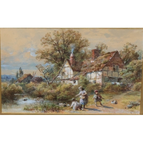 121 - Watercolour, 16cm x 23cm, depicting children playing next to pond outside cottage, indistinctly sign... 